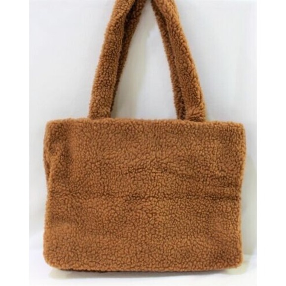 VICTORIA'S SECRET  PINK‎ Plush Fleece Sherpa Brown TOTE BAG Snap Closure NEW - Picture 4 of 7